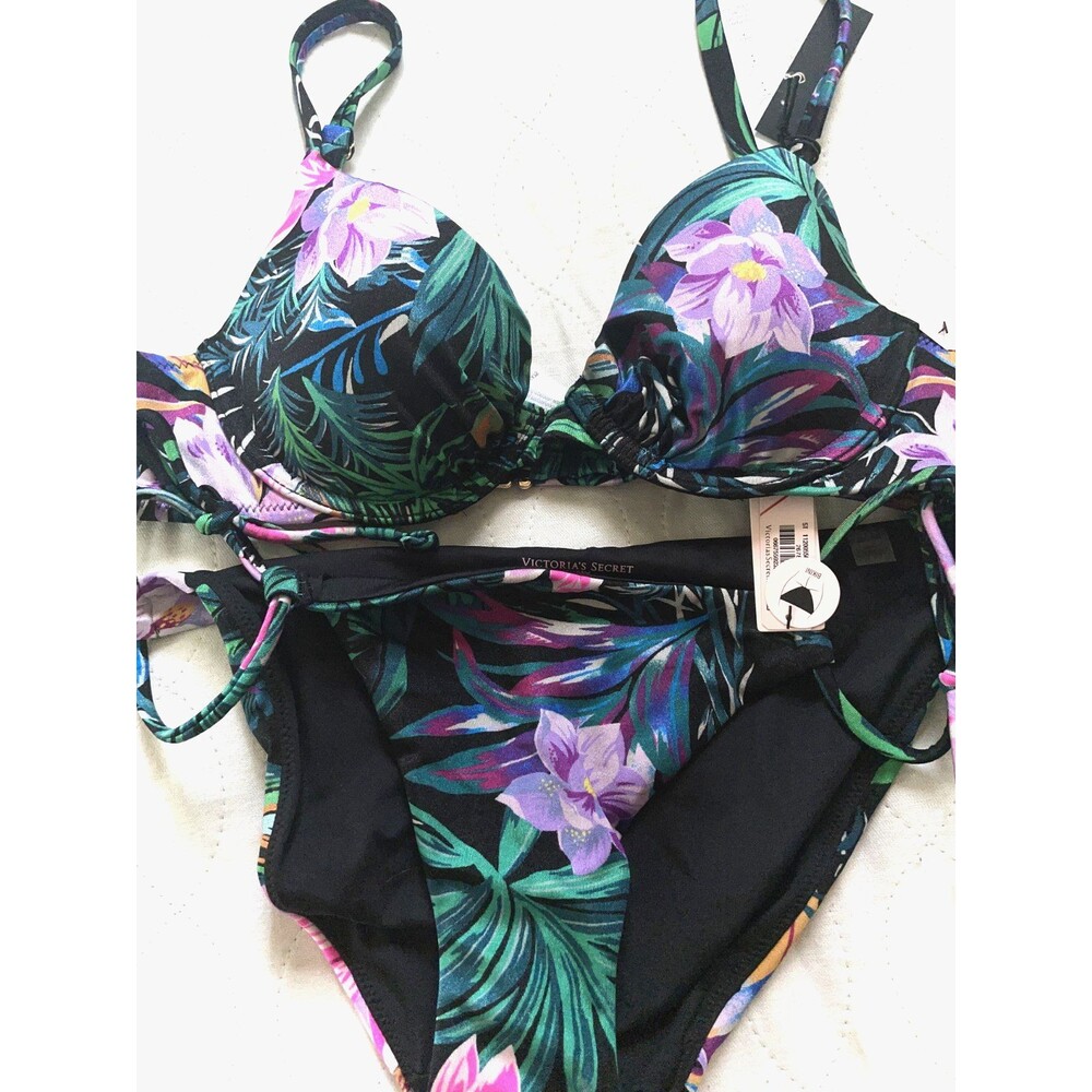 Victoria Secret Top 32D Bikini Bottom XS Swim Set 2pc floral Push up Strappy NWT